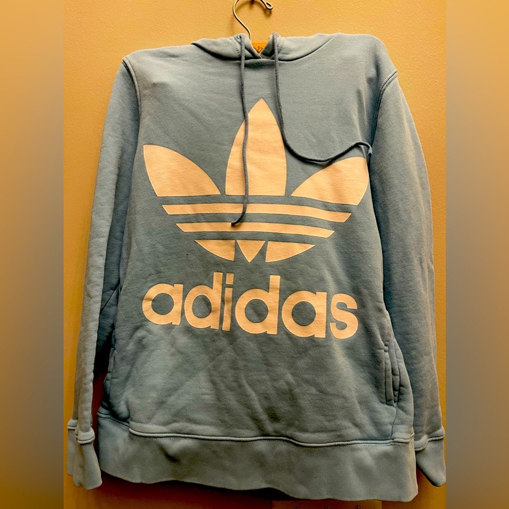 Light blue adidas sweatshirt with hood worn 1 time